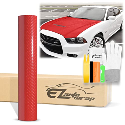 48"x60" (4FTx5FT) 7D Carbon Fiber Red High Gloss Shiny Vinyl Wrap Sticker DIY Decal Film Sheet Car Auto Vehicle Bubble Free Air Release Self Adheive Peel and Stick Technology 6D Free Tool Kit