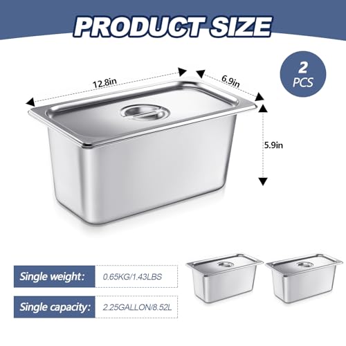 Image of Mifoci 2 Pack Stainless 1 /3 Size x 6 Inch Deep Steam Table Pans with Lids