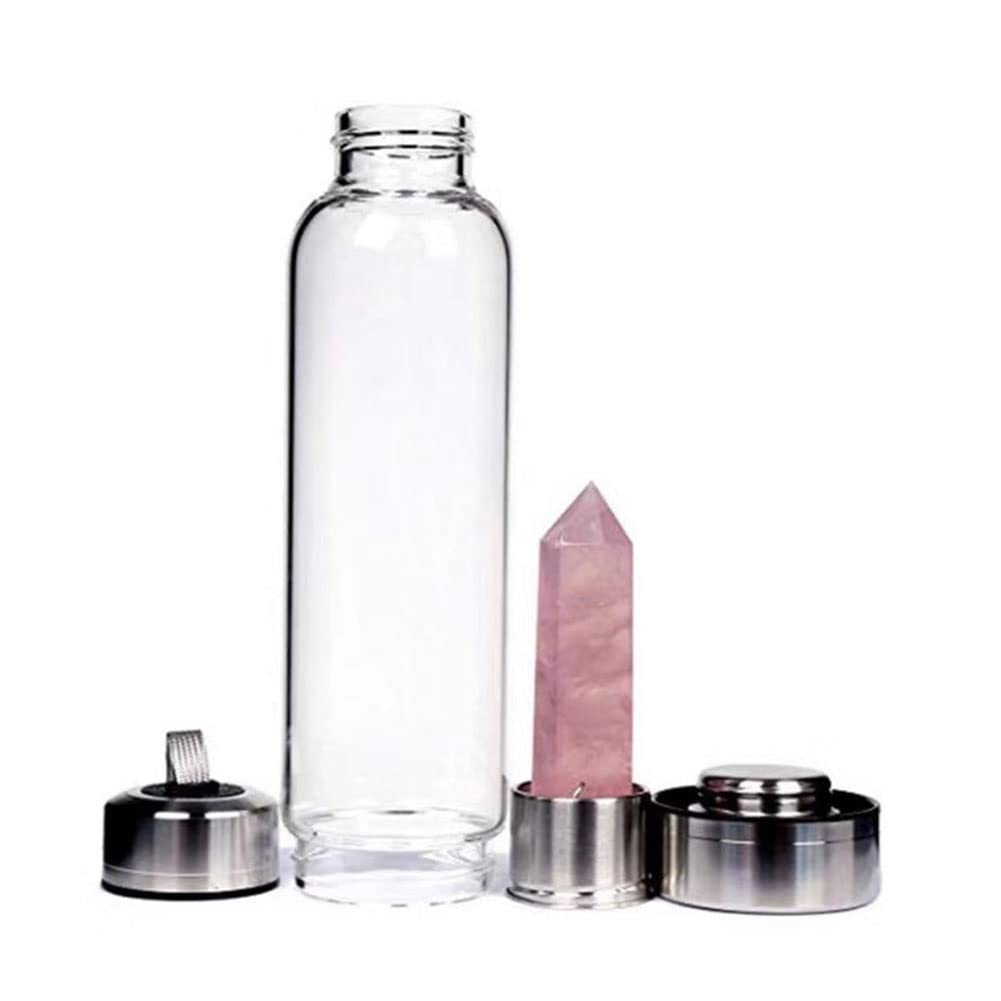 Botella De Agua De Cristal Natural Con Centro De Piedras Preciosas Decorado Punto Reiki Curación Elixir Cristal De Cuarzo Obelisco Varita Botella De Agua Con Infusión De Gemas De Cristal De Cuarzo ( C