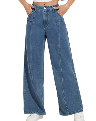 Mid Rise Wide Leg Jeans for Women Loose Front Seam Straight Leg Boyfriend Denim Pants Trendy