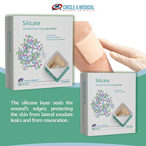 Circle A Medical Silicate Silicone Foam Dressing Border (4" X 4", 10/Box) Breathable Soft & Super Absorbent, Waterproof Bandage, Wound Care, Abrasions And Lacerations Support Ulcers, Surgical Wounds #TOP5