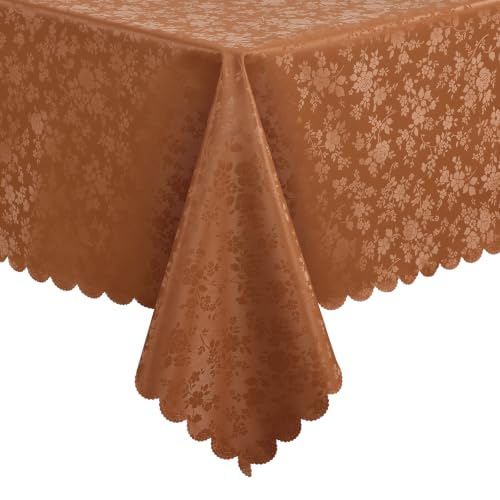 Image of Smiry Rectangle Waterproof Heavy Duty Vinyl Tablecloths, 52 x 70 Inch | Wipeable Washable Floral Embossed Table Cover for Kitchen and Dining Room, Indoor & Outdoor Use, Caramel