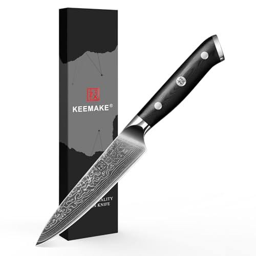 KEEMAKE Damastmesser Allzweckmesser scharfe 12,7 cm Klinge aus 67 Lagen Damaststahl, Profi Küchenmesser Klein Damast Messer mit Ergonomischer G10 Griff