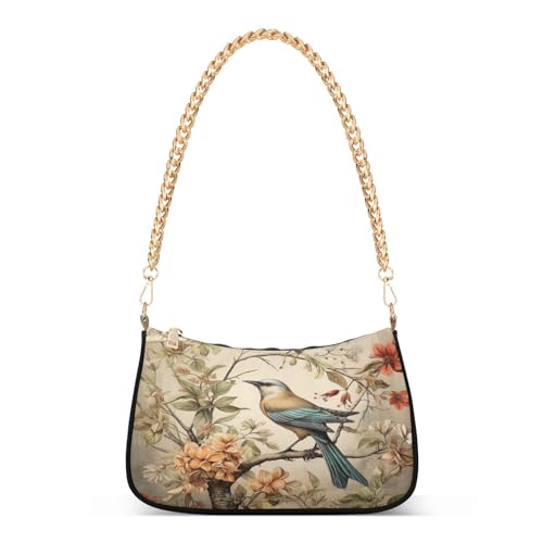 Shoulder Bags for Women Rustic Flowers Spring Bird Butterfly Hobo Tote Handbag Small Clutch Purse with Zipper Closure