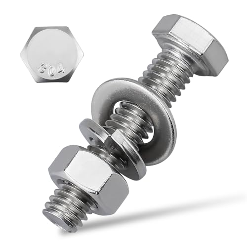 Image of (10 Sets) 1 /4-20 x 1-1 /4 inch Hex Bolt and Nut Kit, 304 Stainless Steel (18-8), Fully Threaded, Flat & Lock Washers Included