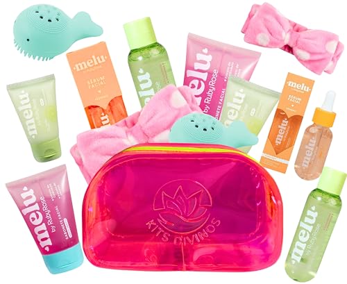 Kit Skincare Melu Adolescentes Completo 7 Itens Spa Day Skin Care Beleza Limpeza de Pele Facial Meninas Teen Cuidados Faciais com Necessaire
