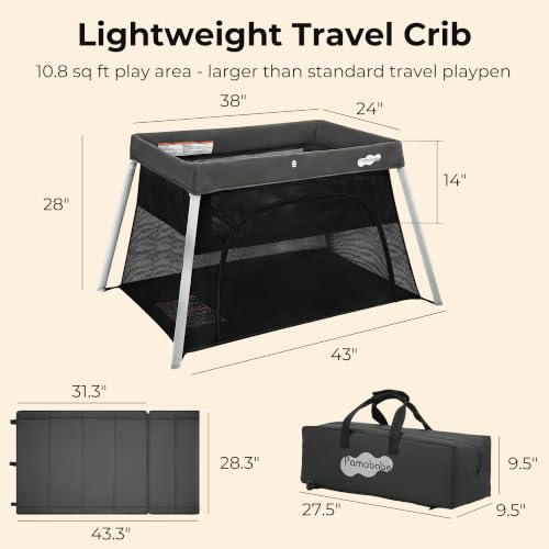 Image of Pamo Babe Travel Pack and Play, Foldable Portable Playpen with Mattress | Certified Baby Safe, Grey Playard with Zipper Door, Lightweight Baby Travel Bed with Backpack, Travel Crib for Outdoor Indoor
