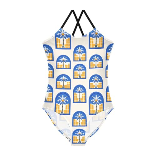 SUABO Palm Tree Pattern Girls Swimsuits Quick Dry Crossback One Piece Bathing Suit Beach Swimwear, 9-10T