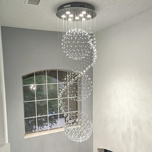 Image of Modern Crystal Chandelier Spiral Sphere Design 9 Light Crystal High Ceiling Light Chandelier for Living Room Hotel Stairs Foyer Entryway Height 79 inch Flush Mount Diameter 24 inch