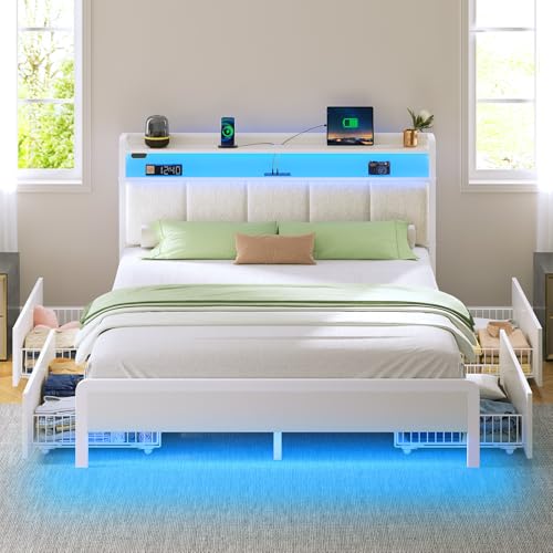 image for Rolanstar Bed Frame Queen Size with Charging Station and LED Lights, U