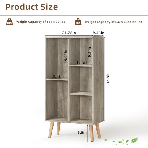 5 Cube Small Bookshelf,3 Tier Mid-Century Modern Bookcase with Legs,Wood Bookshelves Storage Organizer Shelf,Free Standing Narrow Book Shelves,Rustic Grey Corner Bookcases for Bedroom,Living Room