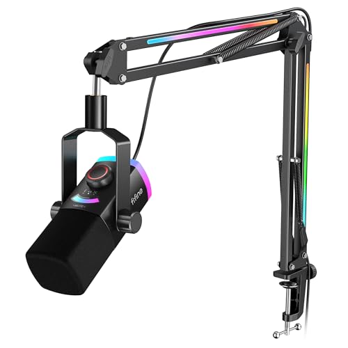 FIFINE Gaming Microphone Kit, XLR/USB Dynamic PC Microphone with Boom Arm for Podcast Recording, RGB Streaming Mic Set, Tap-to-Mute, Mix Control, Headphone Jack-AmpliGame AM8PROT