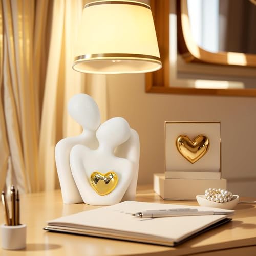 Image of TIED RIBBONS Romantic Couple Hug Statue with Golden Heart Sculpture (White, 8.5 cm x 6.5 cm) - Love Showpiece for Home Decor | Ideal Gift for Girlfriend, Boyfriend, Wife & Husband