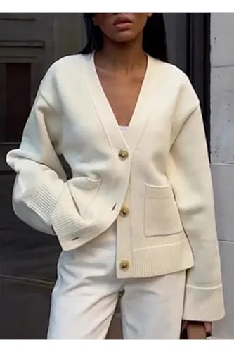 Vakkest Women's Cropped Cardigan Sweater Trendy Knitted Long Sleeve V Neck Tops Button Down Coat Outwear with Pocket2