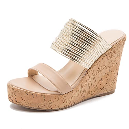 Mikarka XLX0686-APRICOT-41 Women'S Wedge Slide Mule Sandals Open Toe Summer High Heels Slip cover