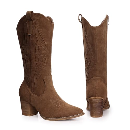 SHIBEVER Cowboy Boots for Women 2026: Brown Mid Calf Cowgirl Booties Western Suede Chunky Heels Zip up Boots Size 7.5 by SHIBEVER - Used condition - Image 5