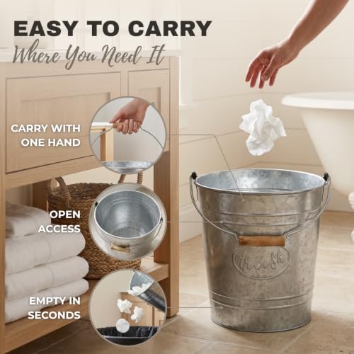 Image of Autumn Alley Rustic Farmhouse Bathroom Trash Can - Country Style Galvanized Trash Can Bucket with Wooden Handle for Rustic Bathroom, Bedroom, Kitchen, Office, Vintage Metal Wastebasket, 2 Gal.