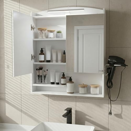 DazzlerE Spiegelschrank Bad 60 cm Breit, Badezimmer Spiegelschrank für Badezimmer, mit Haken, Haartrockner-Halter, Weiß, 60 X 15 X 64.2cm