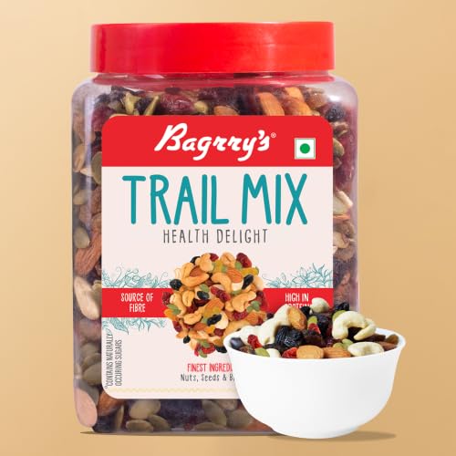 Image of Bagrry's Trail Mix 1kg | 7 in 1 Ingredients | Californian Almonds | Cashews | Cranberries | Dates | Pumpkin Seeds | Green & Black Raisins | High Protein | Source of Fibre | Oil-Free | Non-Salted | Guilt-free Anytime Snack | Dry fruit mix | Mix nuts | Re-usable jar