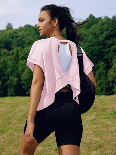 Image of SENSERISE Womens Open Back Workout Tops Backless Short Sleeve Athletic Shirt Running Crop Top Gym Yoga Tee