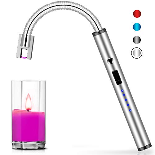 Candle Lighter,HiFan Rechargeable Electric Arc Lighter with 360° Flexible Neck LED Battery Display and Flameless Windproof Triple Safety Long Lighter (Silver)