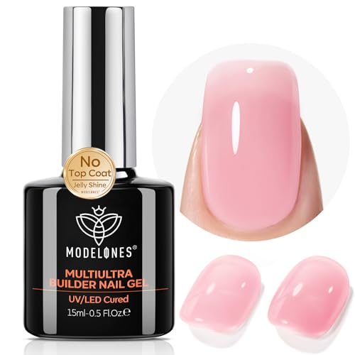 Image of modelones Builder Nail Gel, Sheer Pink Builder for Nails No Top Coat Needed, Glossy Jelly Finish Light Pink, C-Curve Sculpting, No-Wipe, 9-in-One LED Lamp Cured Color Rubber Base Gel Polish