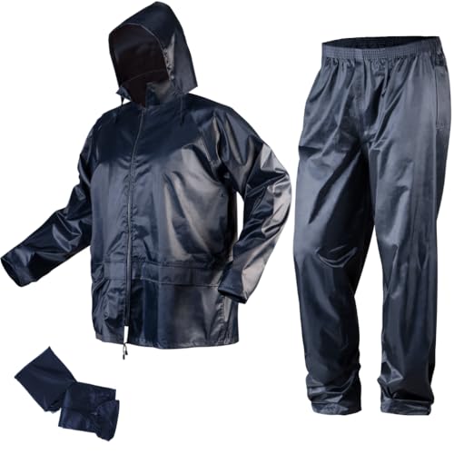 NEO TOOLS Herren Regenset, Regenmantel mit Kapuze und Regenhose Gr. M-XXXL verklebte Nähte, Reißverschlüsse und Taschen vor Wasser geschützt, Ventilationsöffnungen, 170g/m2 Blau oder 310g/m2 Grün