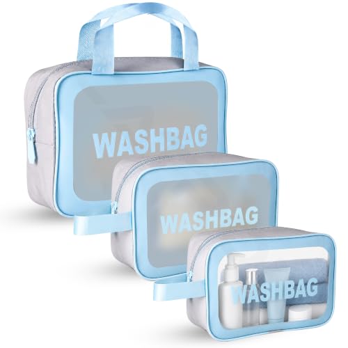 Image of CATRON Makeup PVC Water-Resistant Cosmetic Bag Set 3 Wash Bag Pouch for Multifunctional Travel Kit Toiletry Bag Portable Organizer Case Carry Pouch for Women Bathroom Set (Blue)