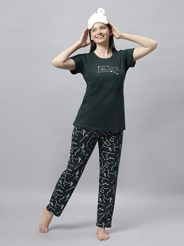 Image of DZZO Women's Cotton Printed Night Suit Set of T-Shirt & Pyjama, Night wear Dress, Relaxed wear for Women /Girls