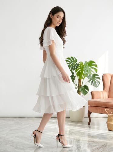 Image of Women Layered Georgette Fit & Flare Midi Dress | Round Neck Flutter Sleeve Knee Length Dress | Tiered Party Dress for Women Evening and Casual Styling