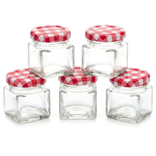 GEEZY Set of 5 Mini Glass Jars 50ml with Airtight Red Gingham Screw Top - Leakproof Travel Cosmetic Pots & Organiser - Small Containers for Creams Crafts Spices Jams Honey & Wedding Favours