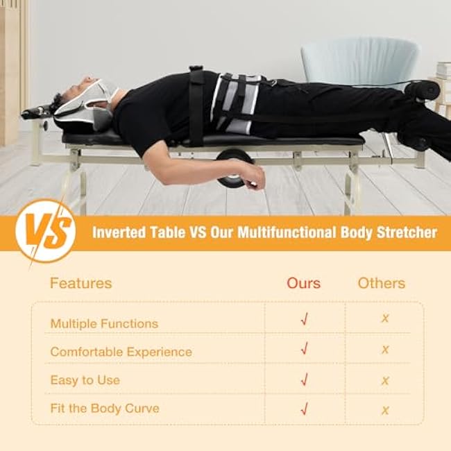 Inversion Traction Table Portable Adjustable Length Spine Stretcher Bed Cervical and Lumbar Traction Bed up to 264.5lbs for Home Gyms, Offices