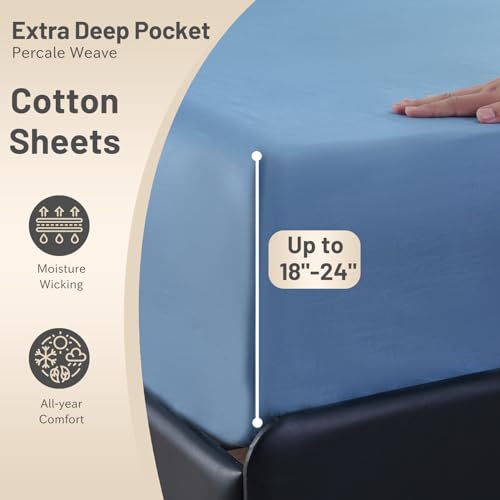 MEISHANG Extra Deep Pocket King Sheets Cotton - 1000 Thread Count Sheets - Fits 18"-24" in Deep Mattress,100% Egyptian Cotton,Sateen Weave, Soft & Breathable - 4 Piece (King, Smoky Blue)