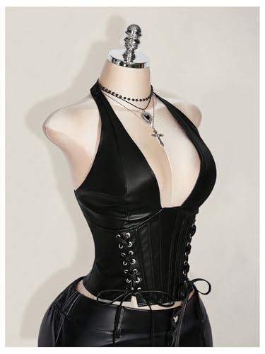 SOLY HUX Women's Plus Size Halter Tops PU Leather Deep V Neck Lace Up Backless Sleeveless Summer Crop Tank Top3