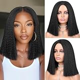 quickwig Yaki Straight Bob Wig for Black Women Short Kinky Straight Wigs Glueless Synthetic Wigs Shoulder Length Middle Part Hair Blunt Cut Bob Wig Natural Black Color