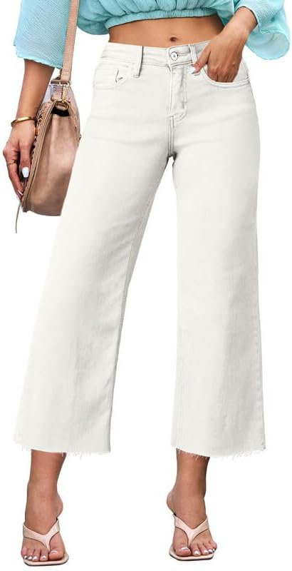 Allimy Women's High Waisted Straight Ankle Wide Leg Ripped Jeans Frayed Hem Stretchy Capri Denim Pants - Image 2