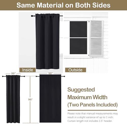 Image of Black Blackout Curtains for Bedroom 90 Inch Length 2 Panels, Room Darkening Soft Fabric Curtain Panels for Living Room, Modern Window Treatments Dual Rod Pocket Design, Black, 2x50Wx90L Inches