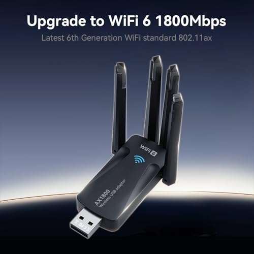 Image of AX1800 WiFi 6 USB WiFi Adapter for PC Desktop laptop, 802.11ax Wireless Network Adapter with Dual Band 2.4GHz, 5GHz, 4 High-Gain Antennas, WPA3, USB3.0, Driver-free for Windows 11 /10 (AX1800)