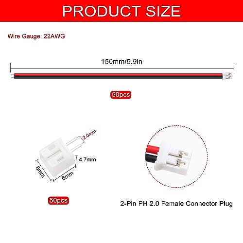 Lyeteung 50 Sets Mini Micro JST 2.0 PH 2 Pin Connector Plug Male with 150mm 22AWG Cable & Female Connector (Red Black) - Image 2