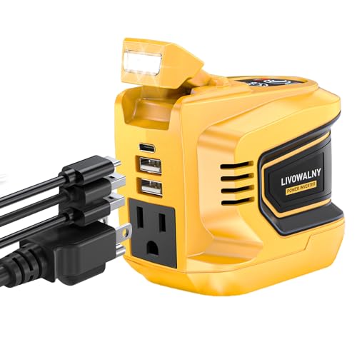 LIVOWALNY 200W-250W Power Inverter, Compatible with DeWALT 20V Battery, DC 20V to AC 110V-120V Portable Power Inverter, 1 AC Outlet, 2 USB Ports & 1 Type-C Port, Adjustable LED Work Light, (Tool Only)