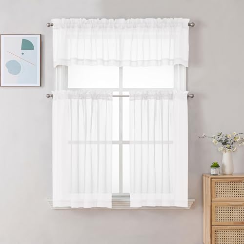 Image of Chyhomenyc Sheer Valances for Windows, Light Filtering Small Window Curtains for Living Room Bathroom Cafe Laundry Basement, Modern Top Dual Rod Pocket Voile Curtain, 59Wx14L inches, White, 2 Pieces