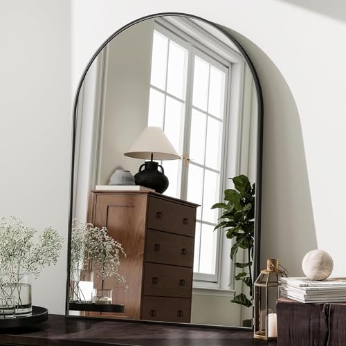 Kdtoll Espejos Decorativos de Pared 91 x 61 cm, Espejo Recibidor con Marco de Aluminio, Diseño Arqueado y Curvo, Uso de Pie o Montaje en Pared, Espejo Pared para Baño, Dormitorio, Pasillo y Salón