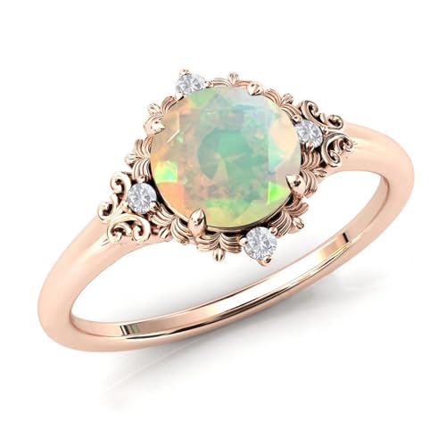 Jelafu 18k Black Gold Plated White Fire Opal Rings For Women Opal Ring For Women 14k Real Gold Rose Gold Opal Promise Rings For Women Womens 10k Gold Opal Ring For Engagement Wedding