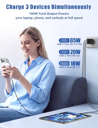 Susnwere 65W USB C Wall Charger for Samsung S26 Ultra,3 Port 100W PD Quick 3.0 Type C Charging with 3/6/10/10FT USB C Cable for Samsung Galaxy S26+/S25/S24/S23 Ultra/S22/S21/S20/Android Phones — view 4