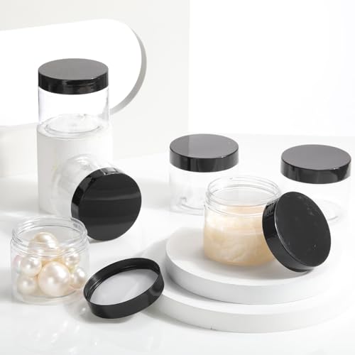 Patelai 60 Pcs Plastic Container Jars with Lids Round Clear Travel Cosmetic Container Jars for Toiletries, Lotion, Cream, Ointments, Makeup, Rhinestone, Samples, Kitchen Storage(Black,6 oz)4
