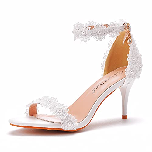 Crystal Queen Women White lace Ankle Strap High Heel Sandals Stiletto Heels Peep Toe Sandals Pump Shoes for Bride Wedding Party Evening