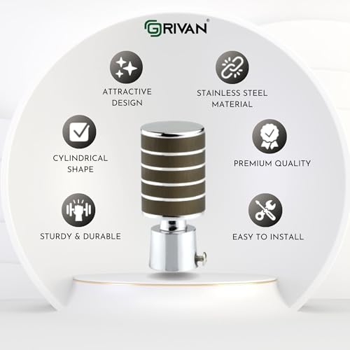 Image of GRIVAN Stainless Steel Wooden Finish Curtain Bracket Parda Holder with Support 1 Inch Rod Pocket Finials Designer Door and Window Rod Support Fittings, Curtain Rod Holder (Wooden Finsh Pair of 6)