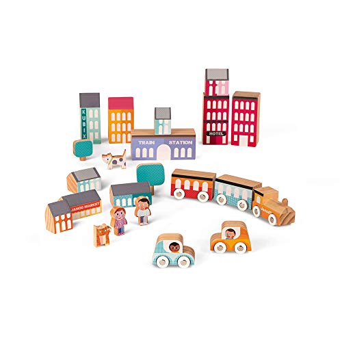 Janod Kubix City Play Set with Train, Cars, Buildings, Trees, People and Pets â€“ 22 Piece Set Encourages Creativity and Develops Fine Motor Skills - Beautiful Hand-Painted Toy for Kids Age 2+