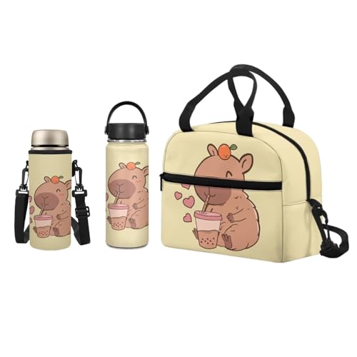 ZUXONGSY Cute Lunch Box for Girls 10-12 Insulated Kids Water Bottle for School 3 Piece Set Guinea Pig Water Bottle Holder with Strap Reusable Food Storage Container for Picnic