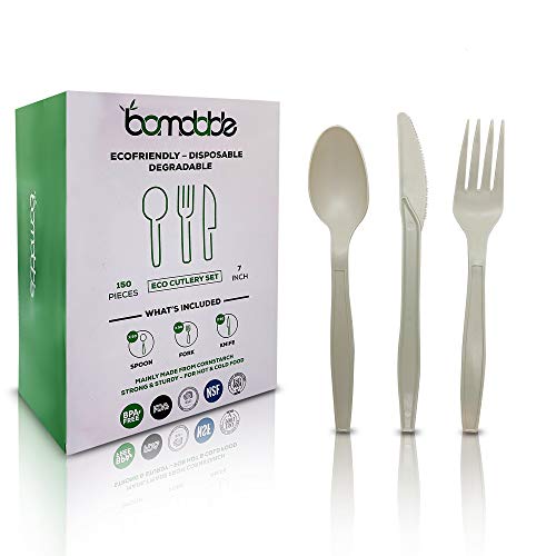 Compostable CPLA Heavyweight Disposable Cornstarch Cutlery Set 150 Count | 7 Inch Spoons, Forks,Knives  50 Each | Eco Friendly Biodegradable Durable |Birthday, Party, BBQ, Kitchen, Camping Supplies
